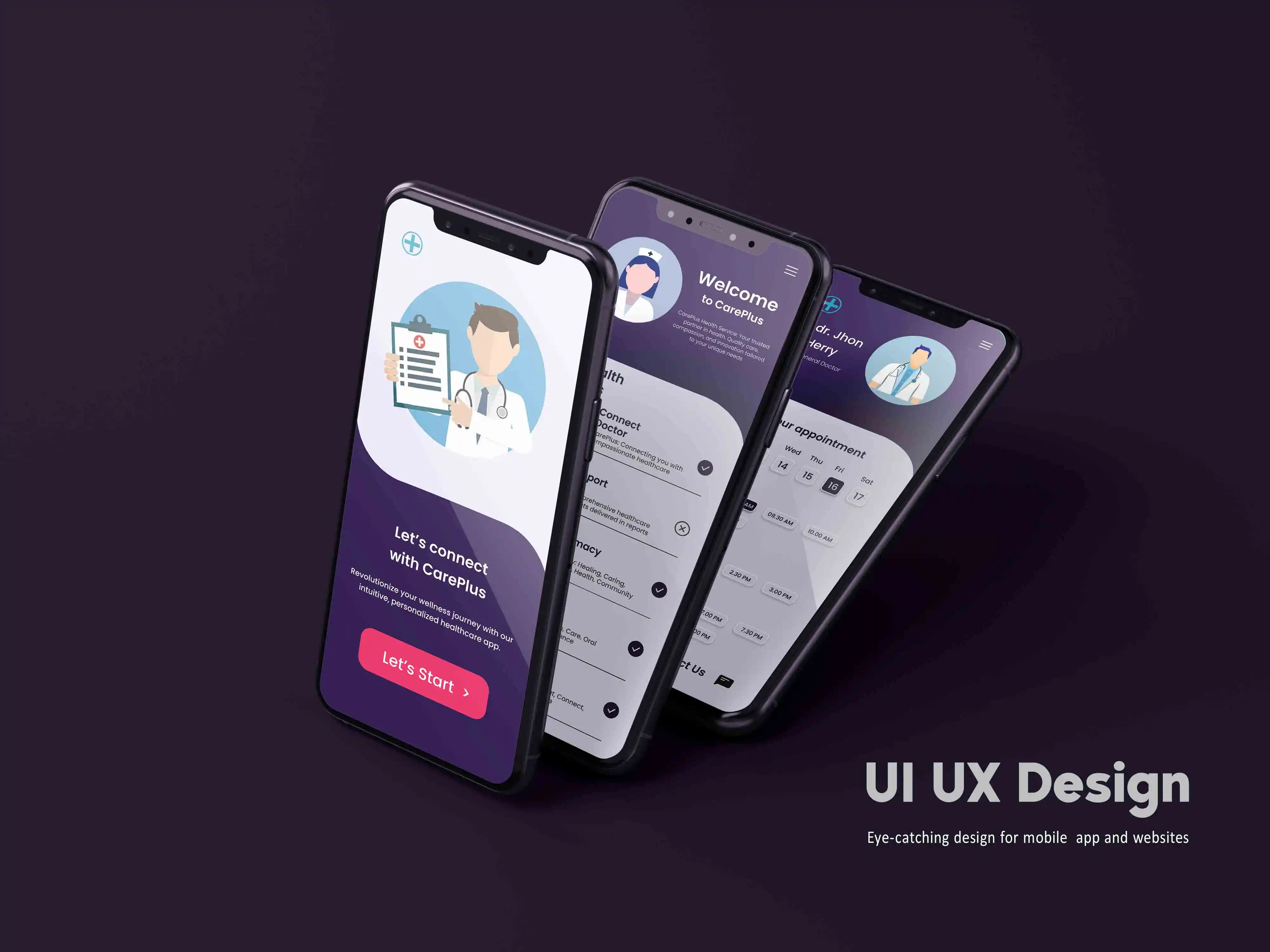 Healthcare App UI UX project showcase screen